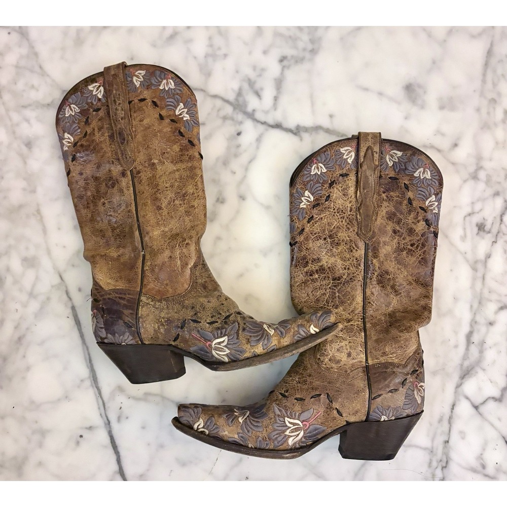 Dan Post Brown Leather Embroidered Floral Cowgirl Cowboy Boots Women's 7.5